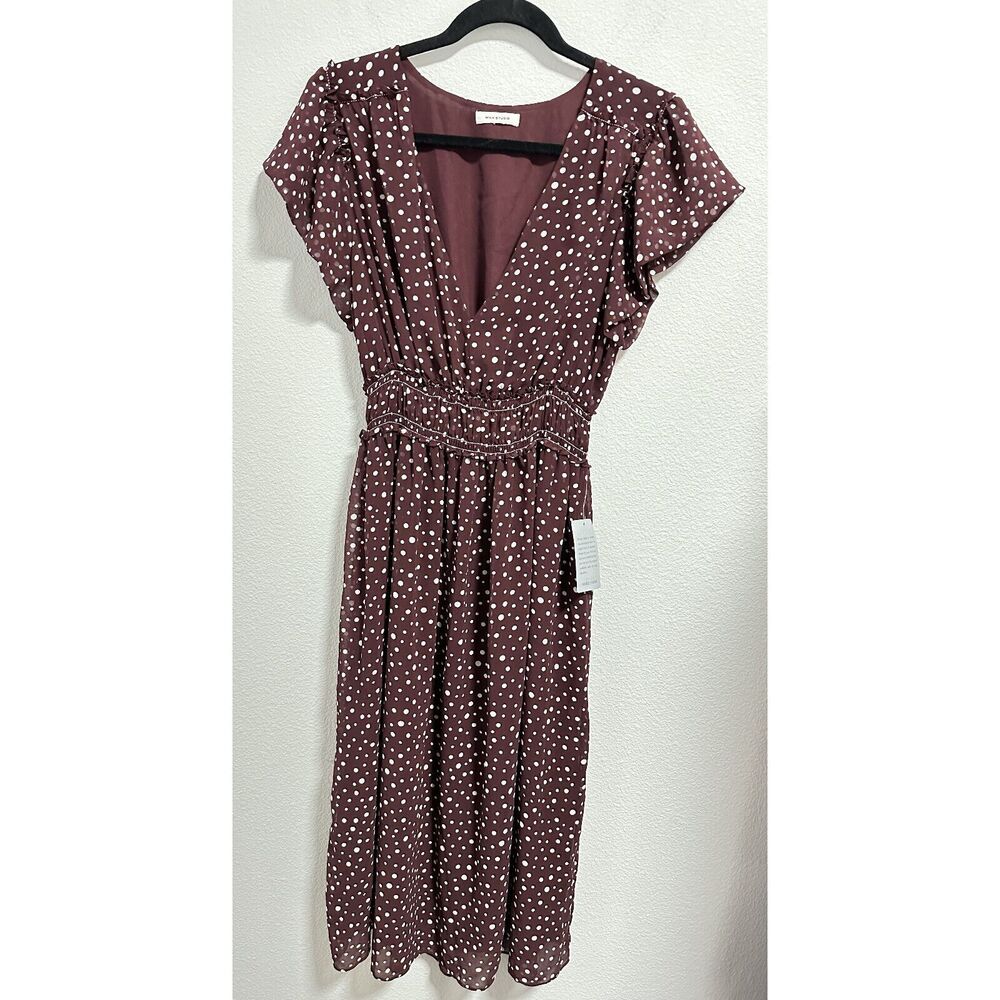 Max Studio Burgundy V Neck Polka Dot Flowy Ruffle Sleeve Dress Romantic Twee S/M